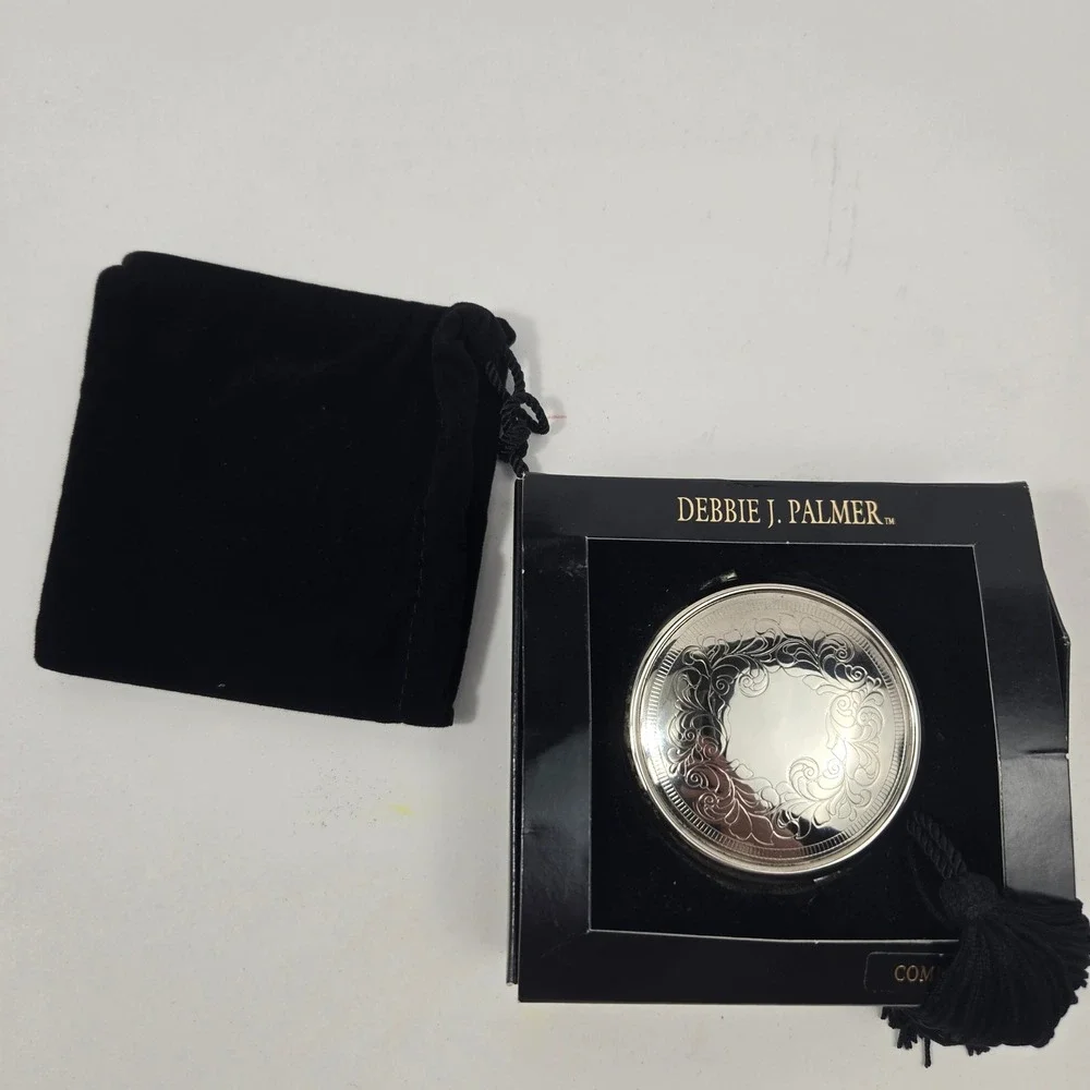 Debbie J Palmer Victorian Lace Silver Compact Mirror Box & Velvet Pouch